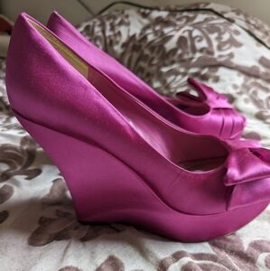 Paris Hilton pink satin wedge heels